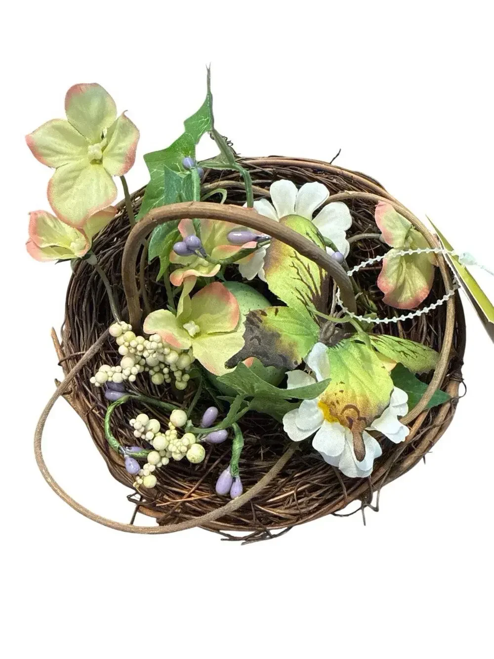 Handmade Twig Basket with Artificial Flowers and Berries - Decorative Floral egg